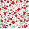Image of Little Ladybug Main White quilting cotton fabric by Lori Whitlock for Riley Black Designs. Features flowers on a white background. Cute Little Fabric Shop.