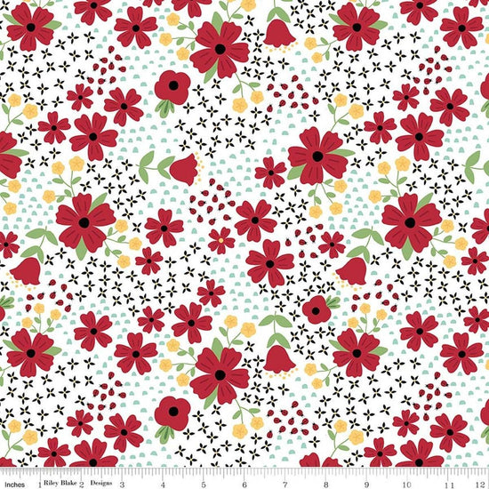 Image of Little Ladybug Main White quilting cotton fabric by Lori Whitlock for Riley Black Designs. Features flowers on a white background. Cute Little Fabric Shop.