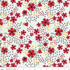 Image of Little Ladybug Main White quilting cotton fabric by Lori Whitlock for Riley Black Designs. Features flowers on a white background. Cute Little Fabric Shop.
