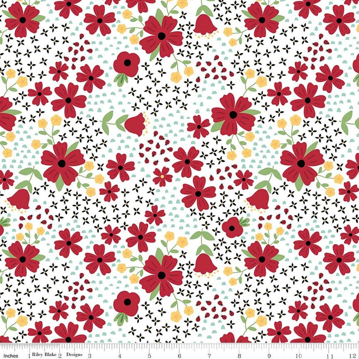 Image of Little Ladybug Main White quilting cotton fabric by Lori Whitlock for Riley Black Designs. Features flowers on a white background. Cute Little Fabric Shop.
