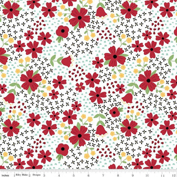 Image of Little Ladybug Main White quilting cotton fabric by Lori Whitlock for Riley Black Designs. Features flowers on a white background. Cute Little Fabric Shop.