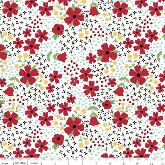 Image of Little Ladybug Main White quilting cotton fabric by Lori Whitlock for Riley Black Designs. Features flowers on a white background. Cute Little Fabric Shop.