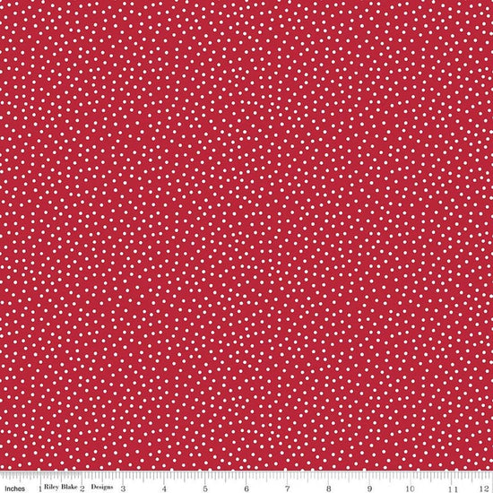 Image of Little Ladybug Dots Red quilting cotton fabric by Lori Whitlock for Riley Black Designs. Features polka dots on a red background. Cute Little Fabric Shop.