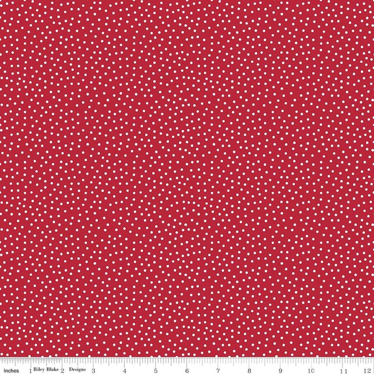 Image of Little Ladybug Dots Red quilting cotton fabric by Lori Whitlock for Riley Black Designs. Features polka dots on a red background. Cute Little Fabric Shop.