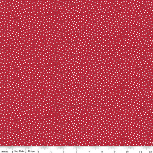 Image of Little Ladybug Dots Red quilting cotton fabric by Lori Whitlock for Riley Black Designs. Features polka dots on a red background. Cute Little Fabric Shop.