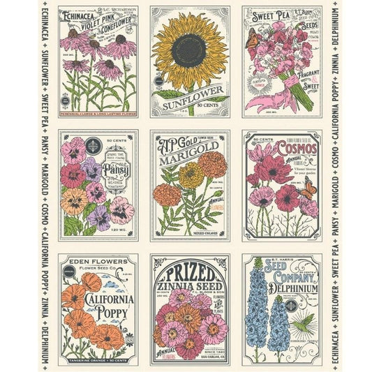 My Secret Garden Vintage Seed Packet Panel Cloud Cream Floral Fabric - 20988 - Moda Fabrics Quilting Cotton Fabric