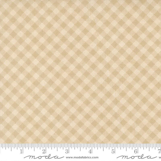 Image of My Secret Garden Gingham Cloud quilting cotton fabric by Stacy Iest Hsu for Moda Fabrics. Features checks on a beige background. Cute Little Fabric Shop.