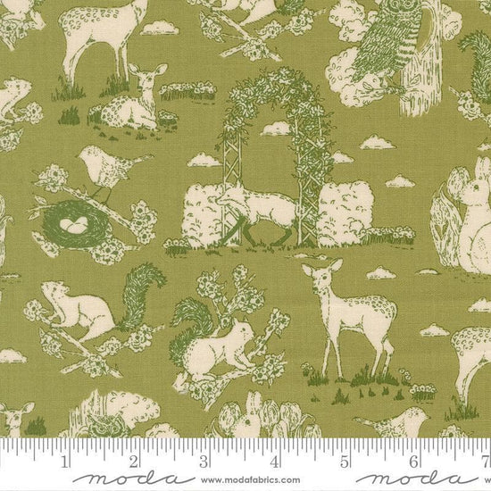 Image of My Secret Garden Toile Grass quilting cotton fabric by Stacy Iest Hsu for Moda Fabrics. Features animals on a green background. Cute Little Fabric Shop.