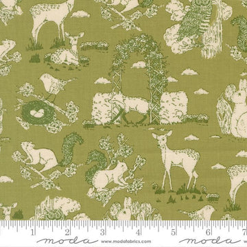 Image of My Secret Garden Toile Grass quilting cotton fabric by Stacy Iest Hsu for Moda Fabrics. Features animals on a green background. Cute Little Fabric Shop.