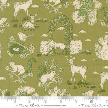 Image of My Secret Garden Toile Grass quilting cotton fabric by Stacy Iest Hsu for Moda Fabrics. Features animals on a green background. Cute Little Fabric Shop.