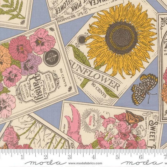 Image of My Secret Garden Seeds of Love Dusk quilting cotton fabric by Stacy Iest Hsu for Moda Fabrics. Features flowers on a blue background. Cute Little Fabric Shop.