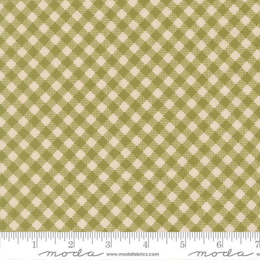 Image of My Secret Garden Gingham Grass quilting cotton fabric by Stacy Iest Hsu for Moda Fabrics. Features checks on a green background. Cute Little Fabric Shop.