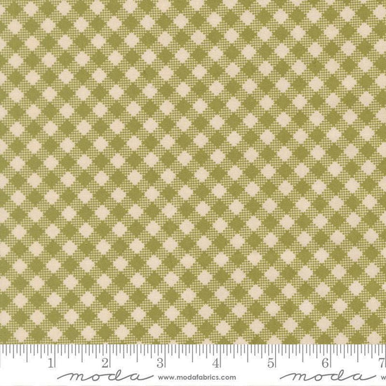 Image of My Secret Garden Gingham Grass quilting cotton fabric by Stacy Iest Hsu for Moda Fabrics. Features checks on a green background. Cute Little Fabric Shop.