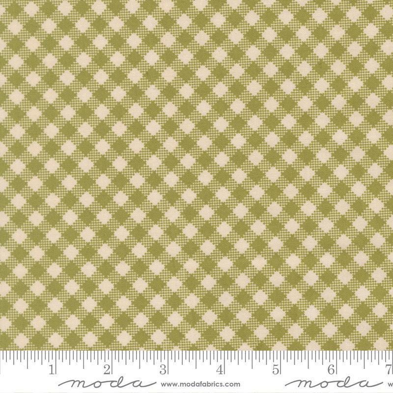 Image of My Secret Garden Gingham Grass quilting cotton fabric by Stacy Iest Hsu for Moda Fabrics. Features checks on a green background. Cute Little Fabric Shop.