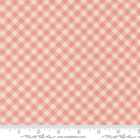 Image of My Secret Garden Gingham Blossom quilting cotton fabric by Stacy Iest Hsu for Moda Fabrics. Features checks on a pink background. Cute Little Fabric Shop.