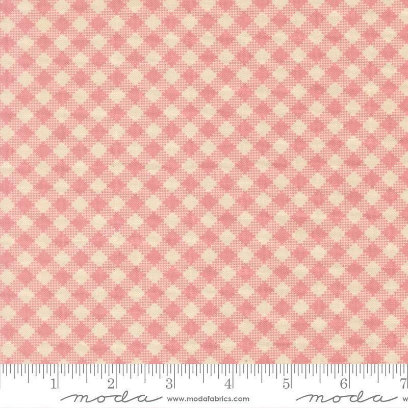 Image of My Secret Garden Gingham Blossom quilting cotton fabric by Stacy Iest Hsu for Moda Fabrics. Features checks on a pink background. Cute Little Fabric Shop.