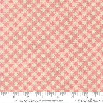 Image of My Secret Garden Gingham Blossom quilting cotton fabric by Stacy Iest Hsu for Moda Fabrics. Features checks on a pink background. Cute Little Fabric Shop.