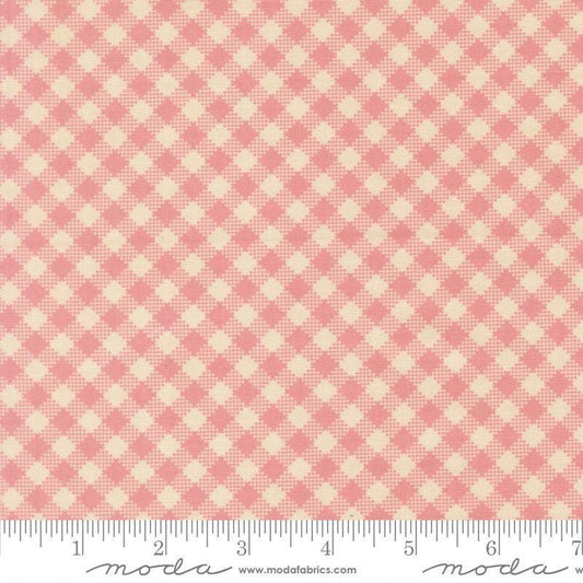Image of My Secret Garden Gingham Blossom quilting cotton fabric by Stacy Iest Hsu for Moda Fabrics. Features checks on a pink background. Cute Little Fabric Shop.