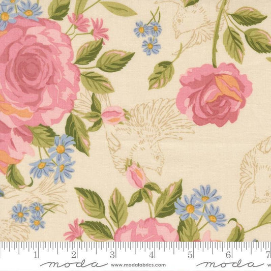 Image of My Secret Garden Grandma's Rose Garden Cloud quilting cotton fabric by Stacy Iest Hsu for Moda Fabrics. Features flowers on a cream background. Cute Little Fabric Shop.