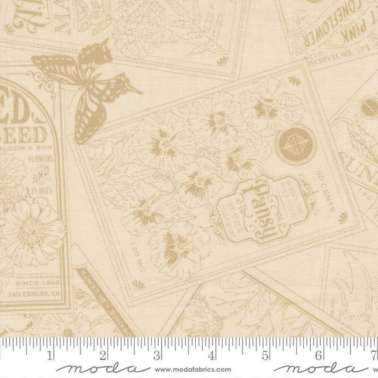 Image of My Secret Garden Seeds of Love Cloud Natural quilting cotton fabric by Stacy Iest Hsu for Moda Fabrics. Features flowers on a beige background. Cute Little Fabric Shop.