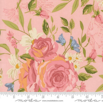 Image of My Secret Garden Grandma's Rose Garden Petal quilting cotton fabric by Stacy Iest Hsu for Moda Fabrics. Features flowers on a pink background. Cute Little Fabric Shop.
