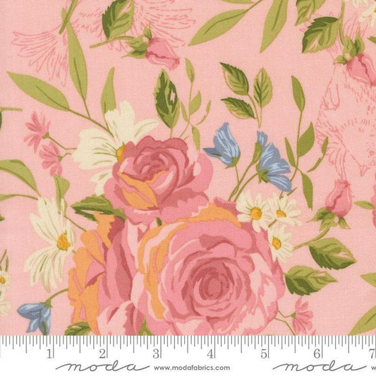 Image of My Secret Garden Grandma's Rose Garden Petal quilting cotton fabric by Stacy Iest Hsu for Moda Fabrics. Features flowers on a pink background. Cute Little Fabric Shop.