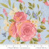 Image of My Secret Garden Grandma's Rose Garden Sky quilting cotton fabric by Stacy Iest Hsu for Moda Fabrics. Features flowers on a blue background. Cute Little Fabric Shop.