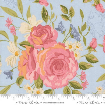 Image of My Secret Garden Grandma's Rose Garden Sky quilting cotton fabric by Stacy Iest Hsu for Moda Fabrics. Features flowers on a blue background. Cute Little Fabric Shop.