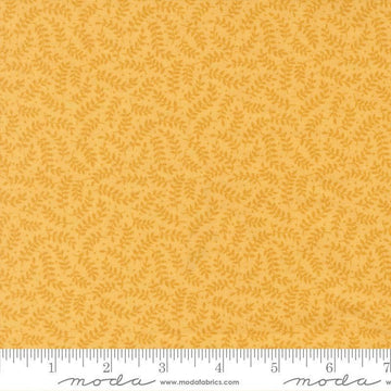 Image of My Secret Garden Crawling Vines Sunflower quilting cotton fabric by Stacy Iest Hsu for Moda Fabrics. Features leaves on a yellow background. Cute Little Fabric Shop.