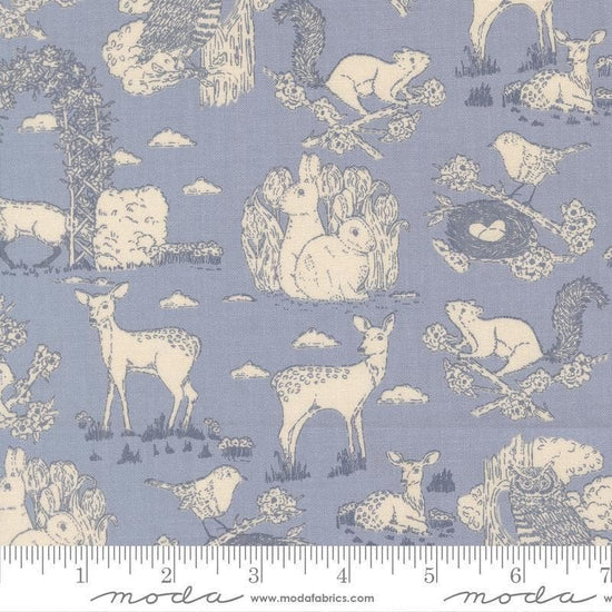 Image of My Secret Garden Toile Dusk quilting cotton fabric by Stacy Iest Hsu for Moda Fabrics. Features animals on a blue background. Cute Little Fabric Shop.