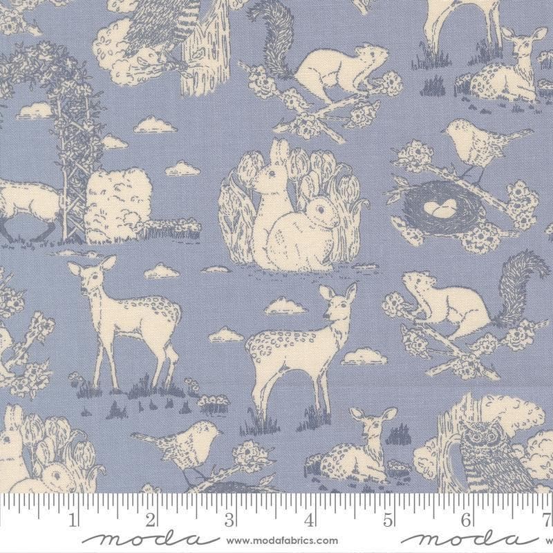 Image of My Secret Garden Toile Dusk quilting cotton fabric by Stacy Iest Hsu for Moda Fabrics. Features animals on a blue background. Cute Little Fabric Shop.
