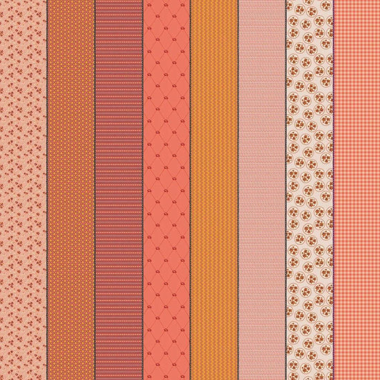 Image of Gathered Lollies Seven Hazel quilting cotton fabric by Jen Kingwell for Moda Fabrics. Features stripes on a pink background. Cute Little Fabric Shop.