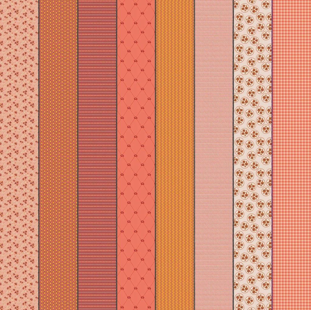 Image of Gathered Lollies Seven Hazel quilting cotton fabric by Jen Kingwell for Moda Fabrics. Features stripes on a pink background. Cute Little Fabric Shop.