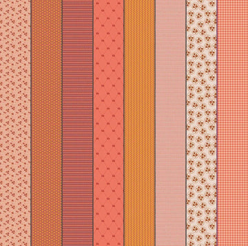 Image of Gathered Lollies Seven Hazel quilting cotton fabric by Jen Kingwell for Moda Fabrics. Features stripes on a pink background. Cute Little Fabric Shop.