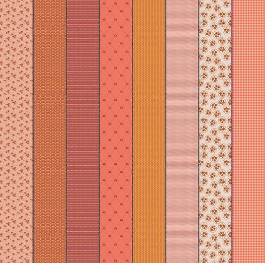 Image of Gathered Lollies Seven Hazel quilting cotton fabric by Jen Kingwell for Moda Fabrics. Features stripes on a pink background. Cute Little Fabric Shop.