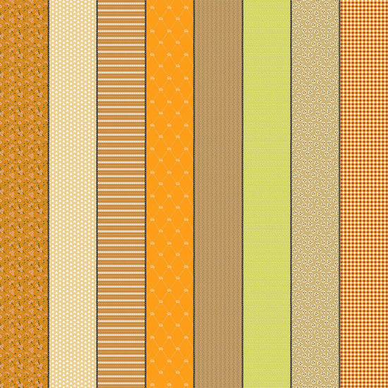 Image of Gathered Lollies Seven Trentham quilting cotton fabric by Jen Kingwell for Moda Fabrics. Features stripes on an orange background. Cute Little Fabric Shop.
