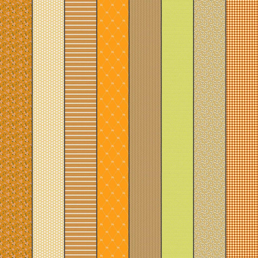 Image of Gathered Lollies Seven Trentham quilting cotton fabric by Jen Kingwell for Moda Fabrics. Features stripes on an orange background. Cute Little Fabric Shop.