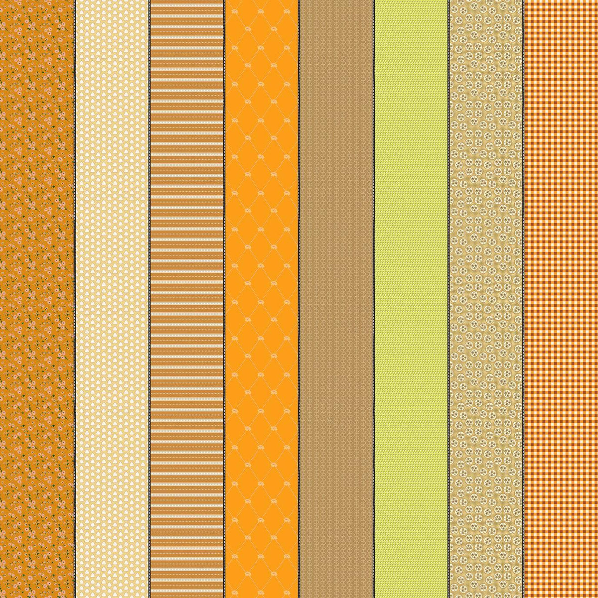 Image of Gathered Lollies Seven Trentham quilting cotton fabric by Jen Kingwell for Moda Fabrics. Features stripes on an orange background. Cute Little Fabric Shop.