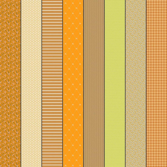 Image of Gathered Lollies Seven Trentham quilting cotton fabric by Jen Kingwell for Moda Fabrics. Features stripes on an orange background. Cute Little Fabric Shop.