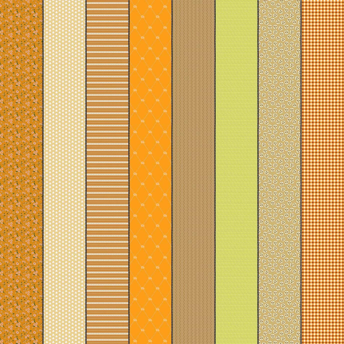 Image of Gathered Lollies Seven Trentham quilting cotton fabric by Jen Kingwell for Moda Fabrics. Features stripes on an orange background. Cute Little Fabric Shop.