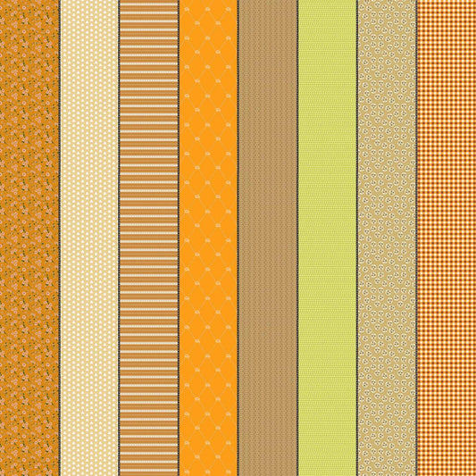 Image of Gathered Lollies Seven Trentham quilting cotton fabric by Jen Kingwell for Moda Fabrics. Features stripes on an orange background. Cute Little Fabric Shop.
