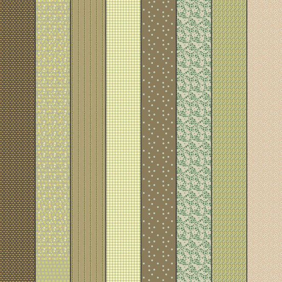 Image of Gathered Lollies One Trentham quilting cotton fabric by Jen Kingwell for Moda Fabrics. Features stripes on a green background. Cute Little Fabric Shop.