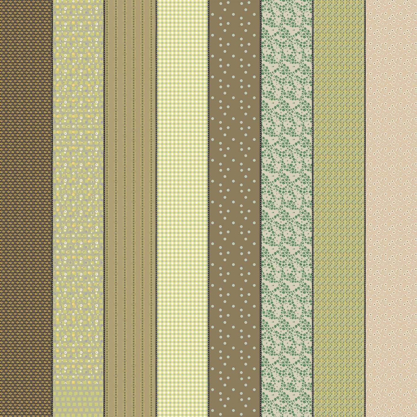 Image of Gathered Lollies One Trentham quilting cotton fabric by Jen Kingwell for Moda Fabrics. Features stripes on a green background. Cute Little Fabric Shop.