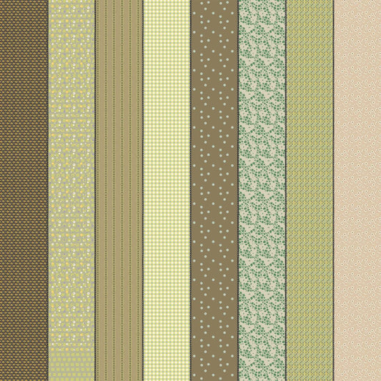 Image of Gathered Lollies One Trentham quilting cotton fabric by Jen Kingwell for Moda Fabrics. Features stripes on a green background. Cute Little Fabric Shop.