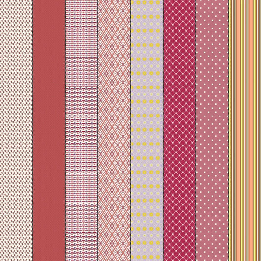Image of Gathered Lollies Six Trentham quilting cotton fabric by Jen Kingwell for Moda Fabrics. Features stripes on a pink background. Cute Little Fabric Shop.