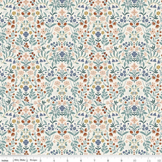 Image of Before the Blooms Iris Cream quilting cotton fabric by Danelys Sidron for Riley Blake Designs. Features flowers on a white background. Cute Little Fabric Shop.