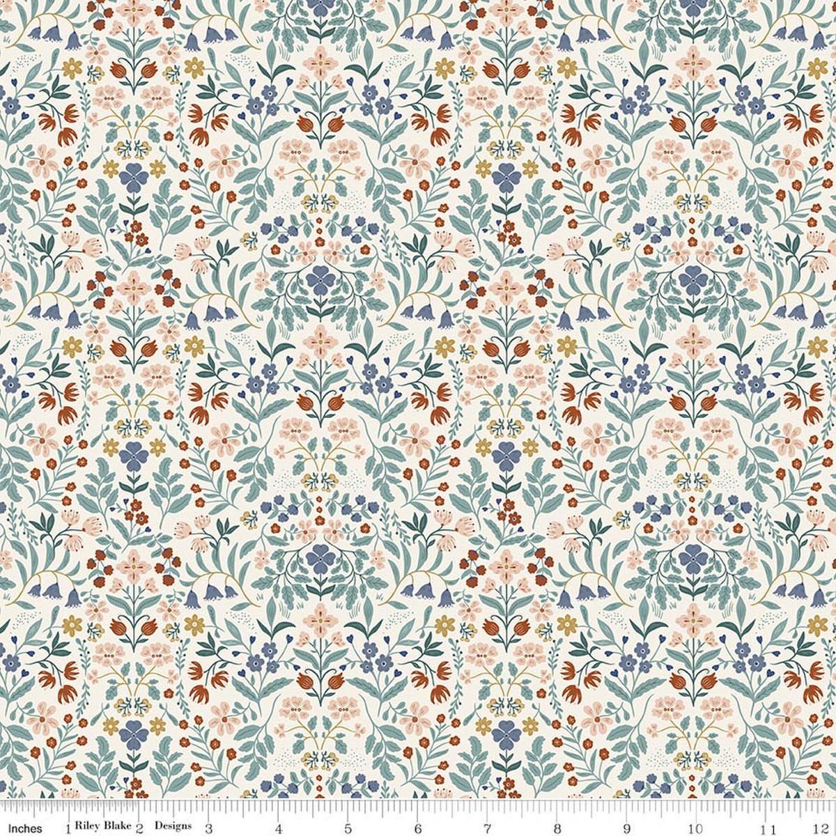 Image of Before the Blooms Iris Cream quilting cotton fabric by Danelys Sidron for Riley Blake Designs. Features flowers on a white background. Cute Little Fabric Shop.
