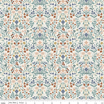 Image of Before the Blooms Iris Cream quilting cotton fabric by Danelys Sidron for Riley Blake Designs. Features flowers on a white background. Cute Little Fabric Shop.
