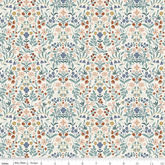 Image of Before the Blooms Iris Cream quilting cotton fabric by Danelys Sidron for Riley Blake Designs. Features flowers on a white background. Cute Little Fabric Shop.