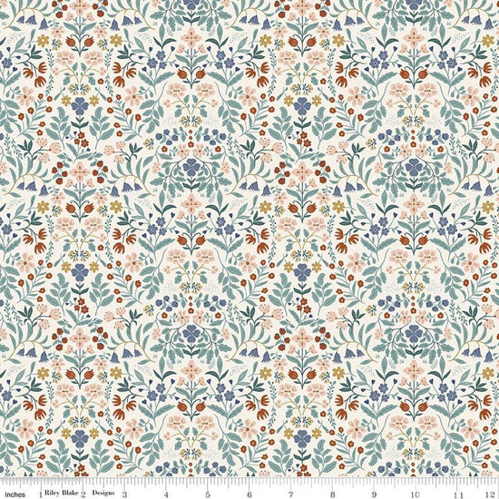 Image of Before the Blooms Iris Cream quilting cotton fabric by Danelys Sidron for Riley Blake Designs. Features flowers on a white background. Cute Little Fabric Shop.